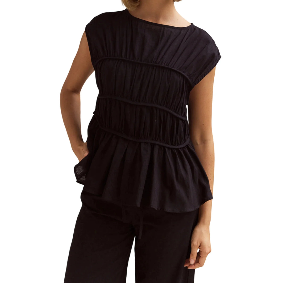 Women's Smocked Ruched Top — Cap Sleeve