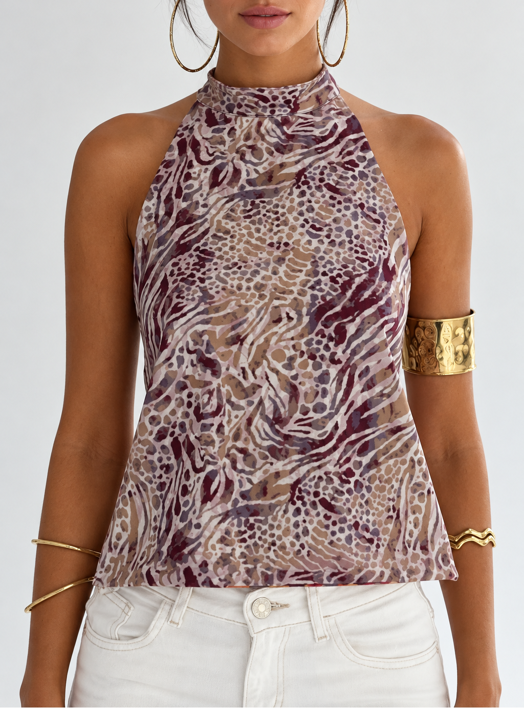 Women's Printed Halter Crop Top — Button Front