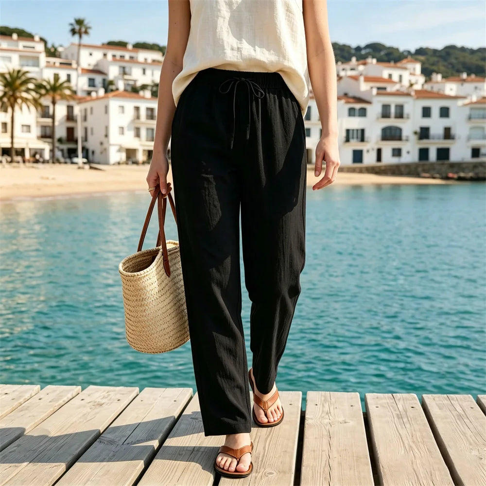 Women's Cotton Linen Trousers — Elastic Waist