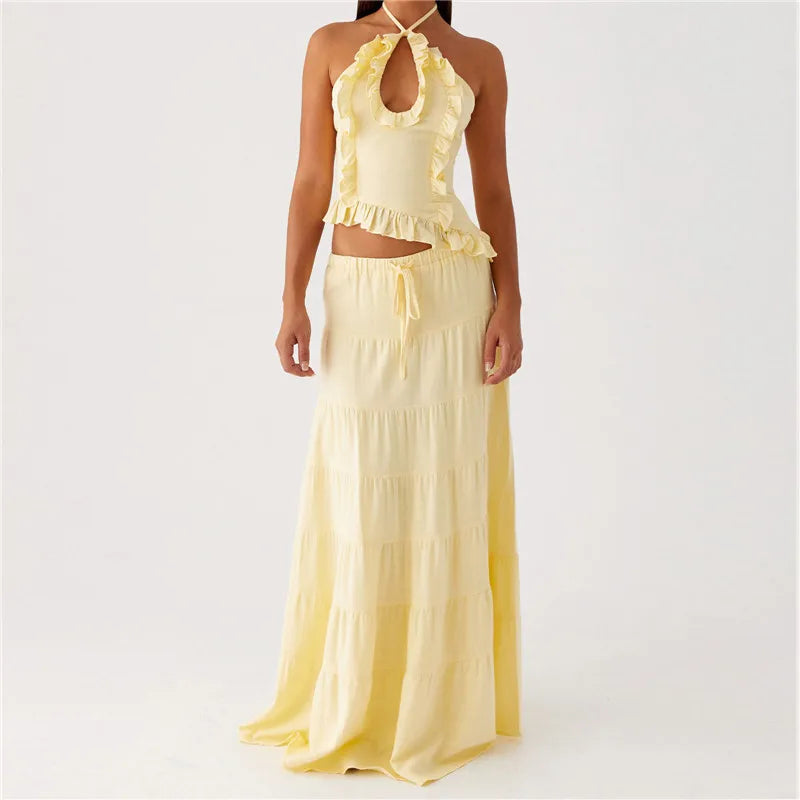 Women's Ruffle Halter Top & Maxi Skirt Set — Tie Back