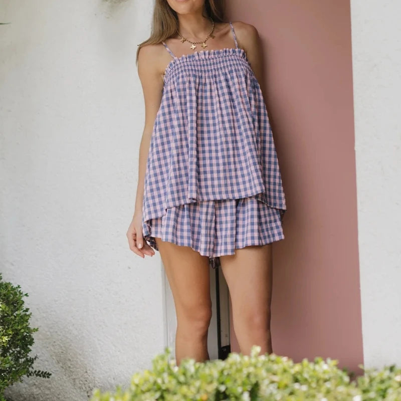 Women's Gingham Cami & Wide Leg Shorts Set
