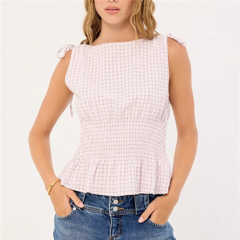 Women's Gingham Babydoll Top — Tie Shoulder