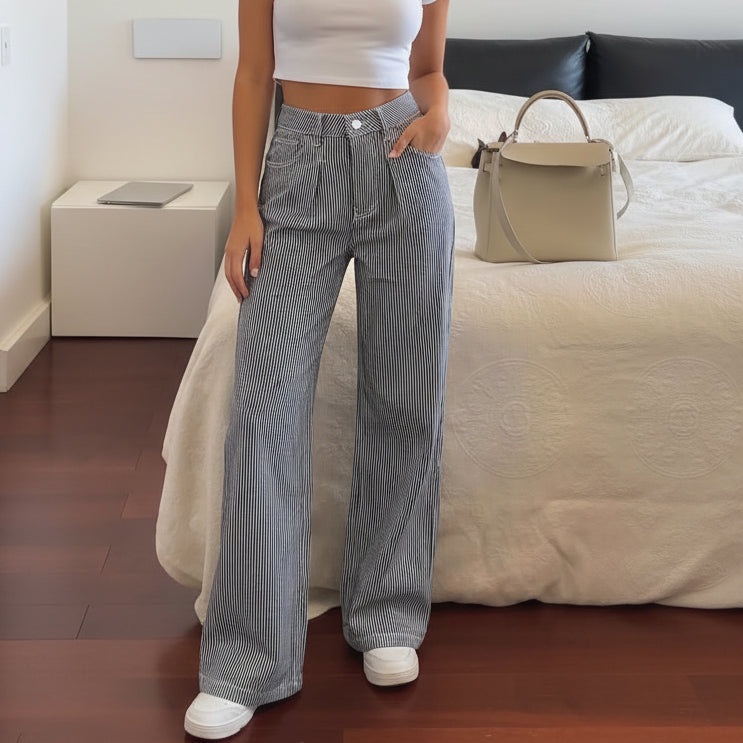 Women's Striped Wide Leg Trousers — Side Pockets