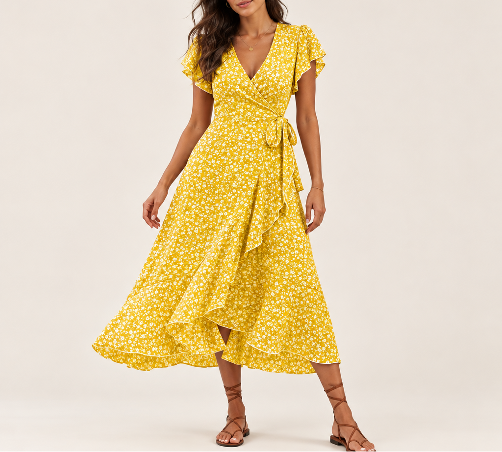 Women's Floral Ruffle Wrap Dress — Tie Side