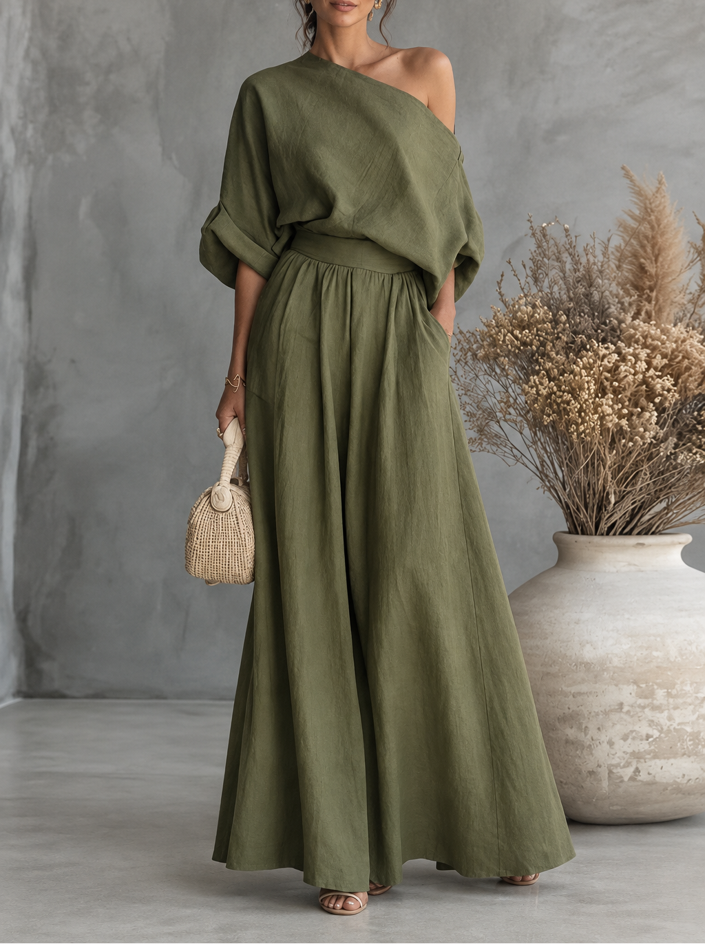 Women's Skew Neck Top & Wide Leg Pant Set