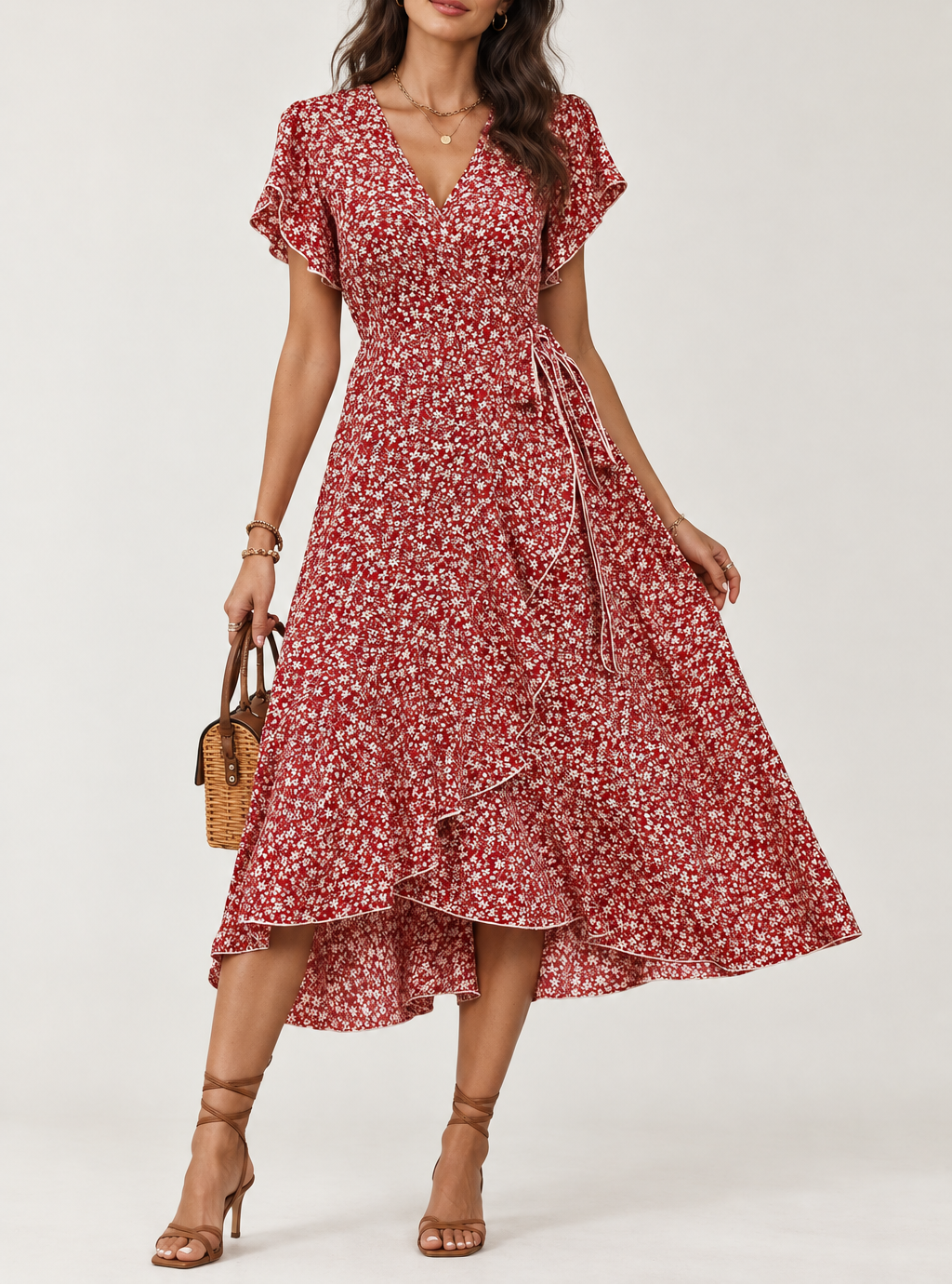 Women's Floral Ruffle Wrap Dress — Tie Side