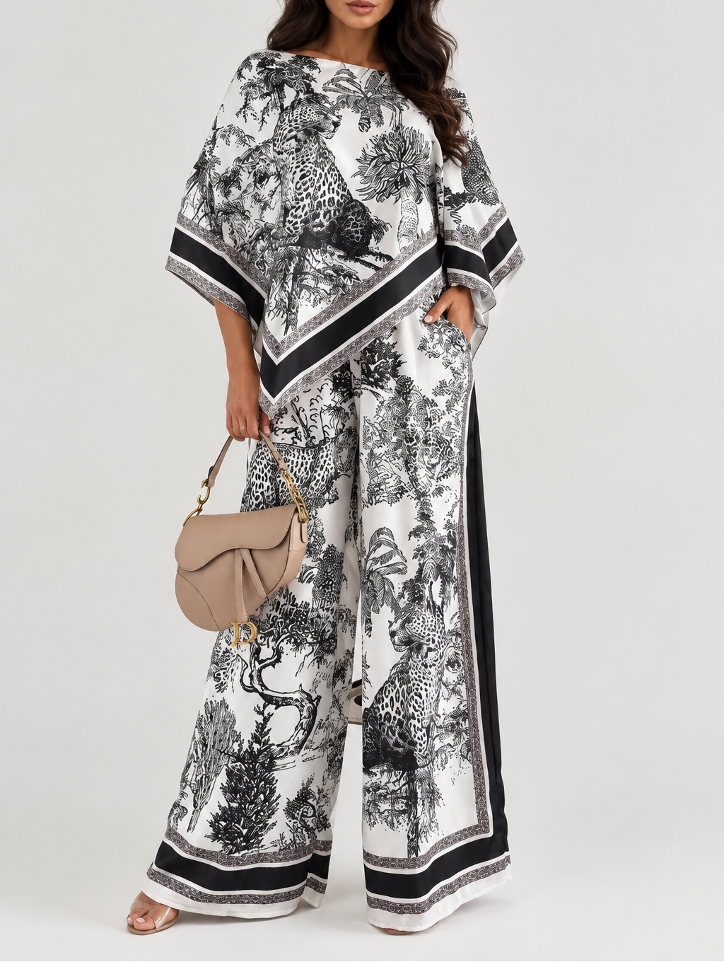 Women's Printed Shirt & Wide Leg Pant Set — 3/4 Sleeve