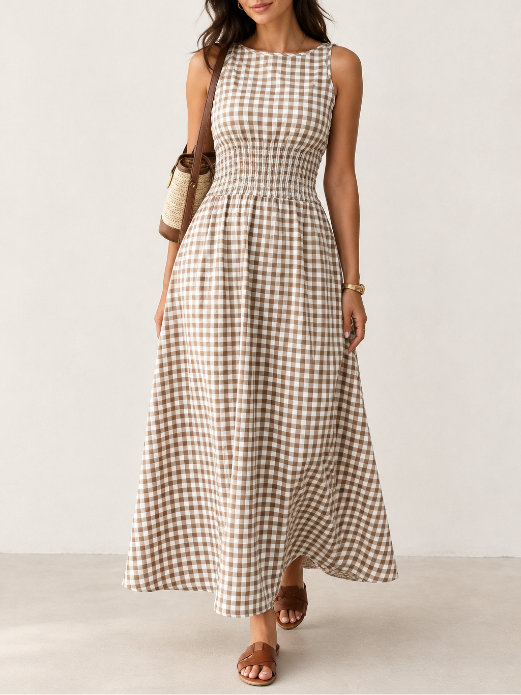 Women's Gingham Maxi Dress — Drawstring Waist