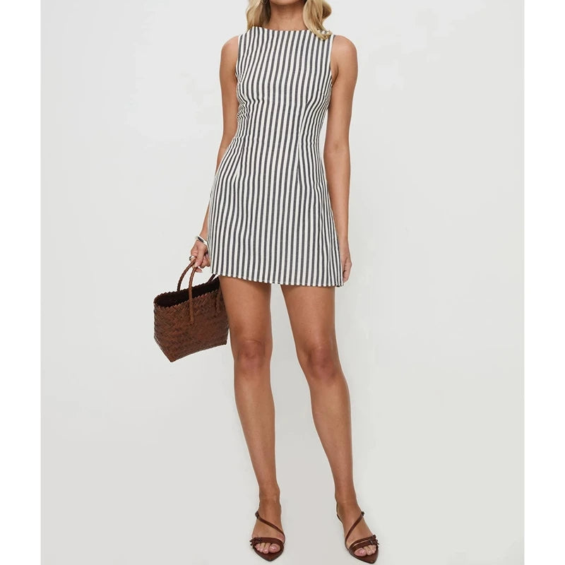 Women's Striped Mini Dress — Belted Boat Neck