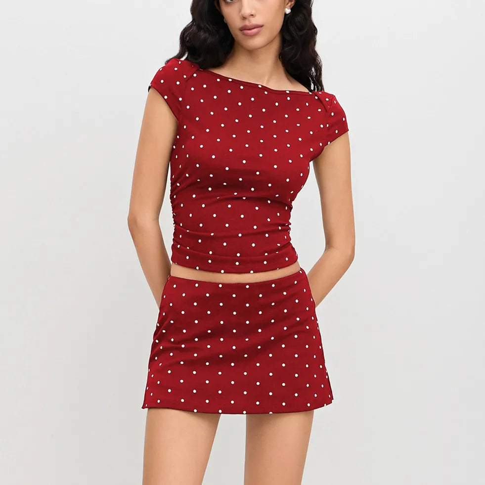 Women's Polka Dot Crop Top & Mini Skirt Set — Boat Neck
