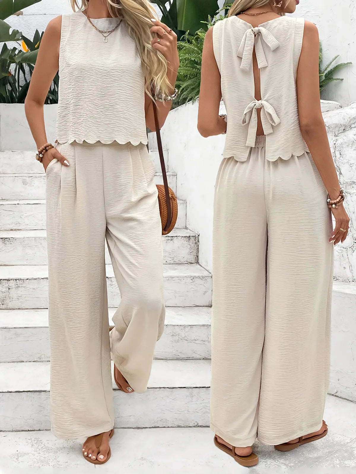 Women's Lace-Up Tank & Wide Leg Pant Set — Two-Piece