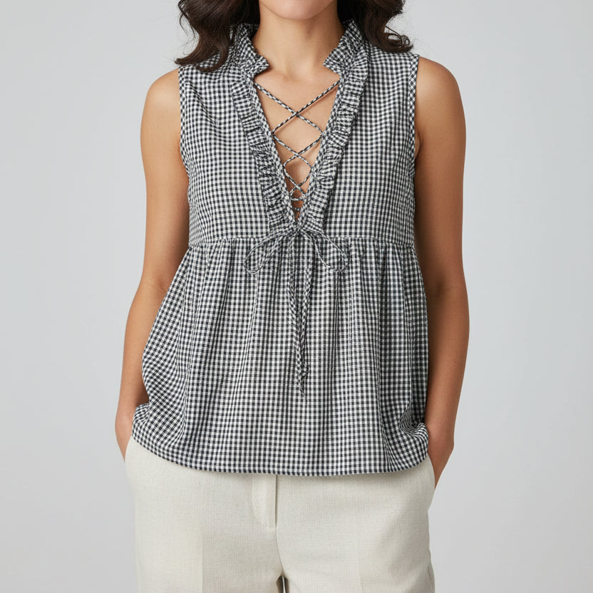 Women's Gingham Ruffle Tank Top — Lace-Up V-Neck
