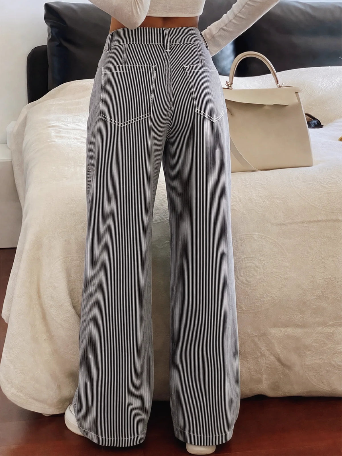 Women's Striped Wide Leg Trousers — Side Pockets
