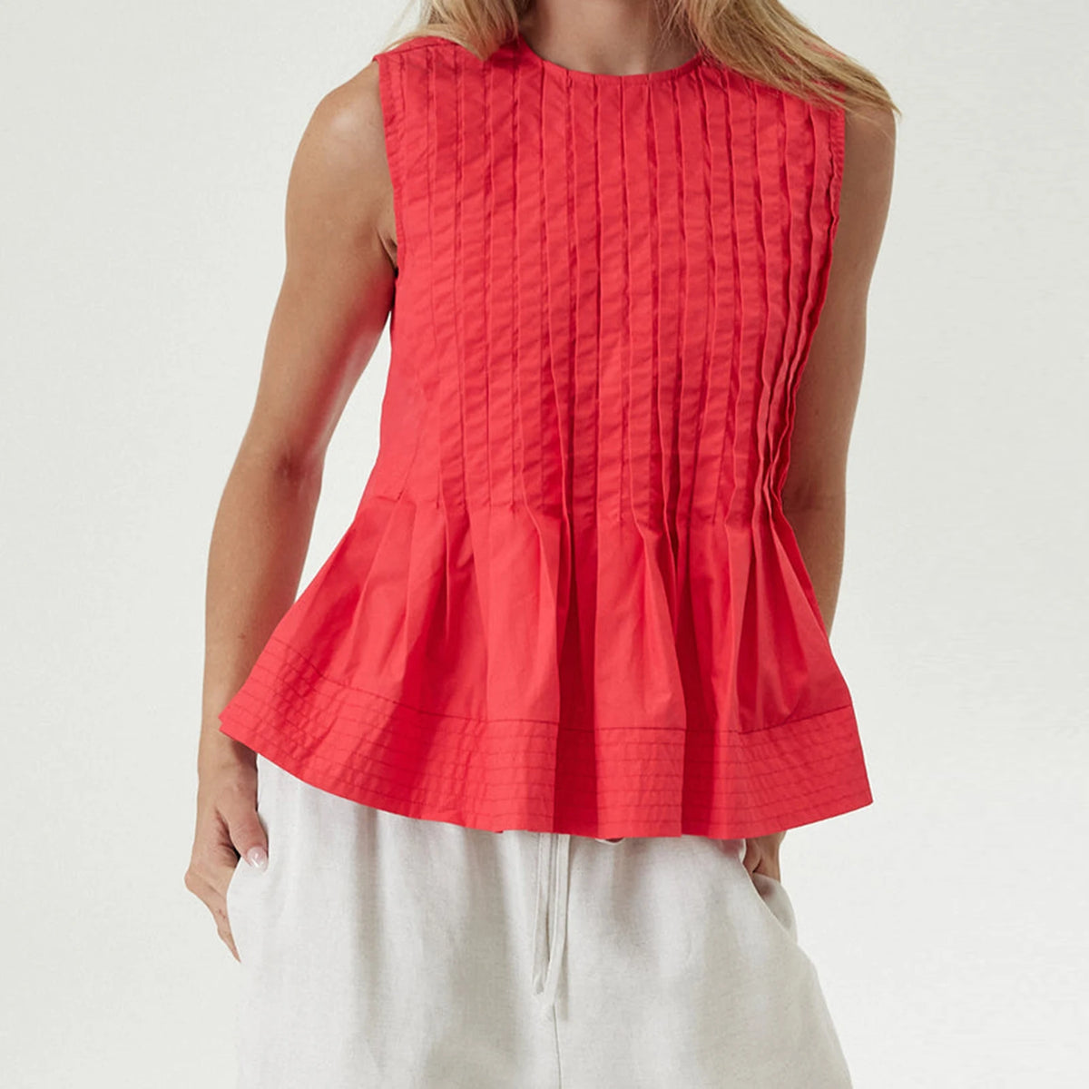 Women's Pleated Ruffle Hem Tank Top — Round Neck
