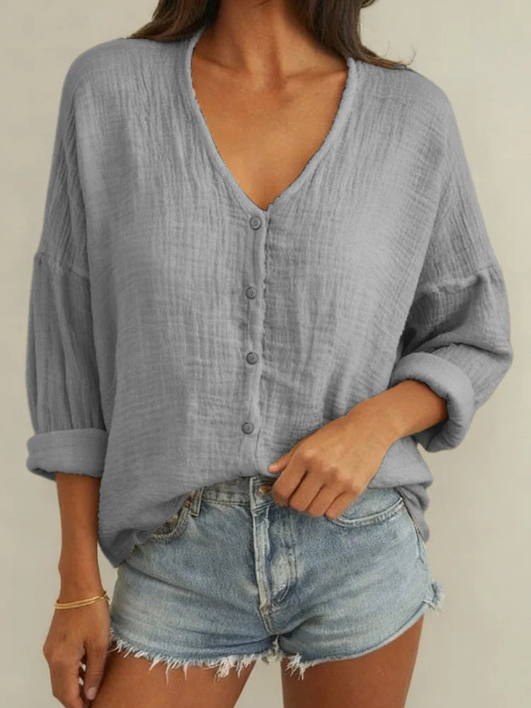 Women's Long Sleeve V-Neck Button Shirt — Loose Fit