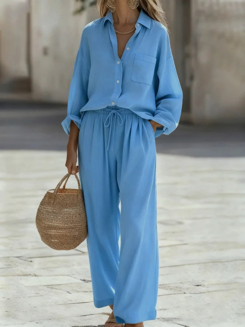 Women's Collared Shirt & Wide Leg Pant Set — Two-Piece
