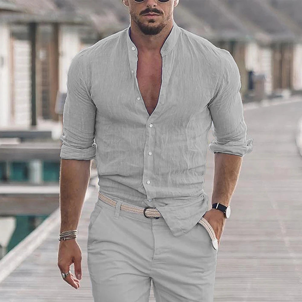 Men's Cotton Linen Shirt — Mandarin Collar