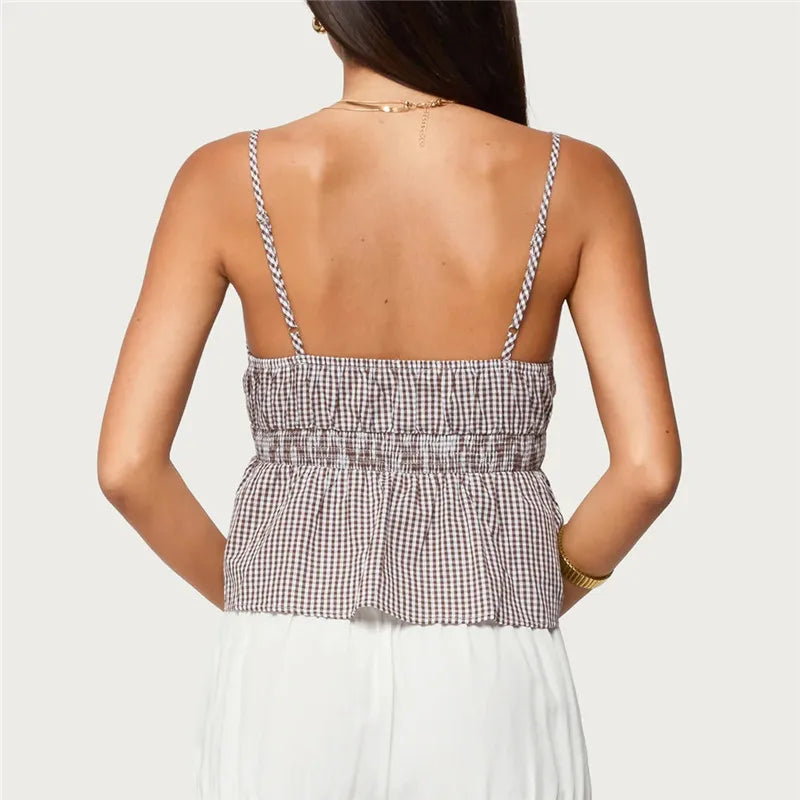 Women's Gingham Peplum Cami Top — Tie Front