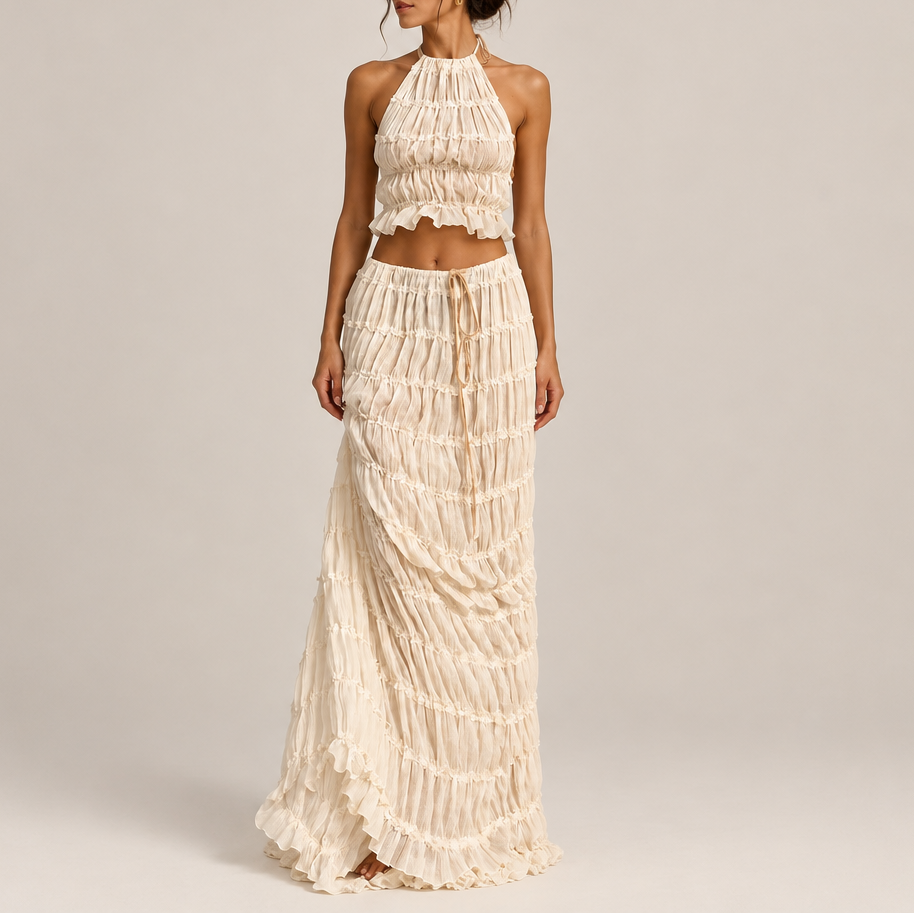 Women's Ruched Halter Top & Maxi Skirt Set — Backless