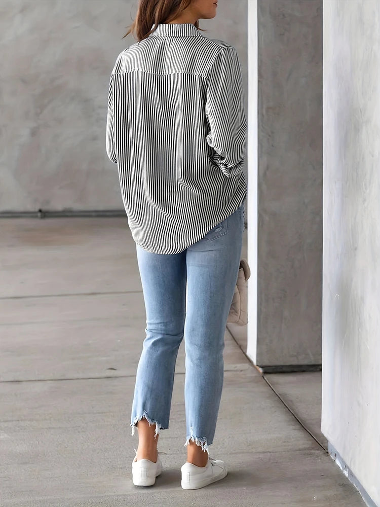 Women's Striped Shirt — Long Sleeve Lapel