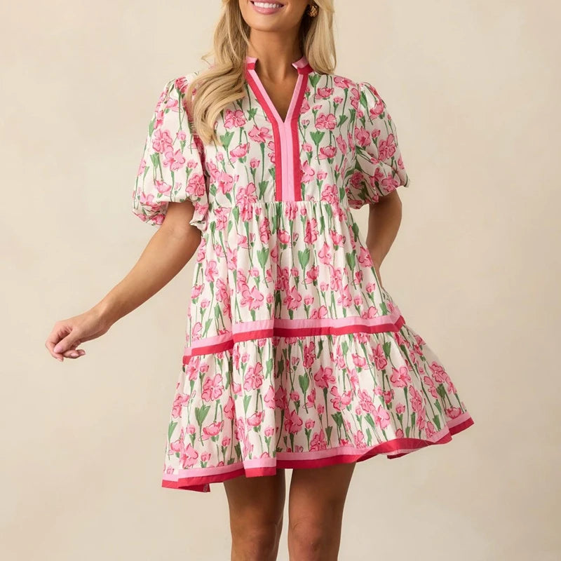 Women's Striped Babydoll Mini Dress — Puff Sleeve