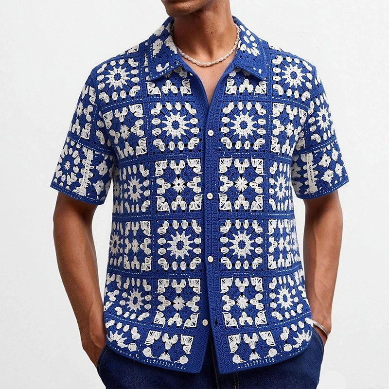 Men's Granny Square Crochet Shirt — Cuban Collar