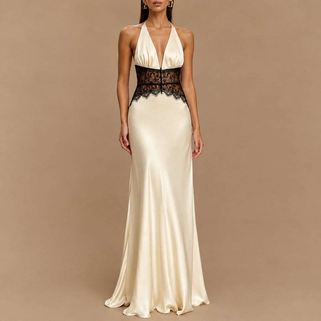 Women's Lace Halter Maxi Dress — Open Back