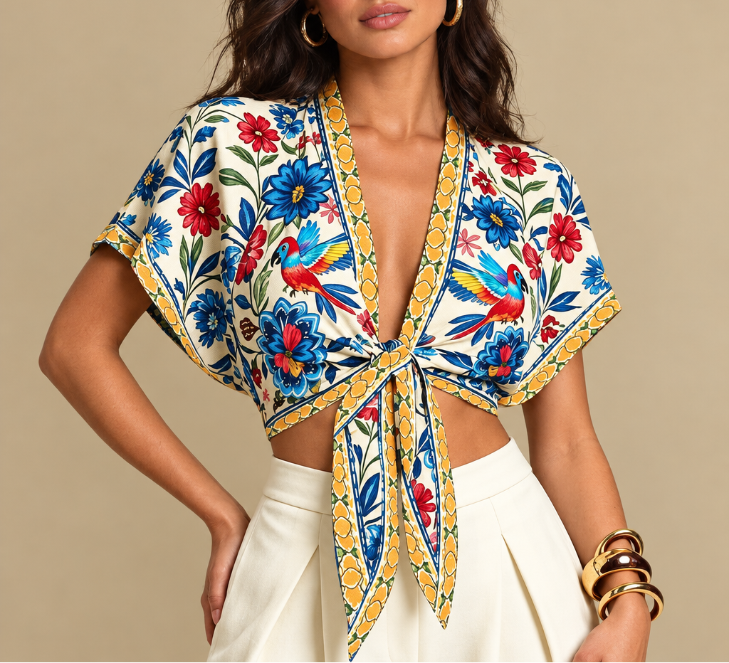 Women's Tropical Print Tie Front Crop Blouse