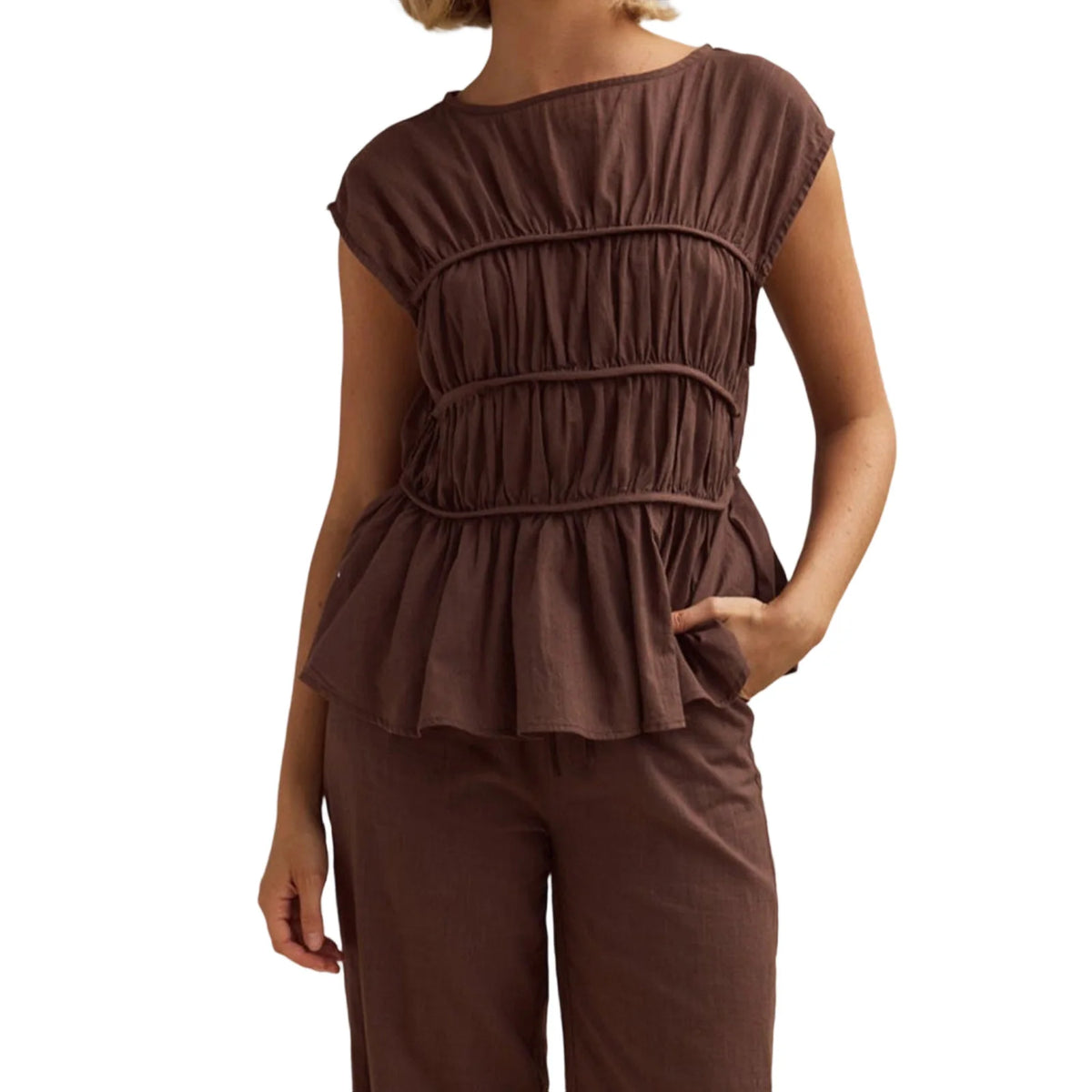 Women's Smocked Ruched Top — Cap Sleeve