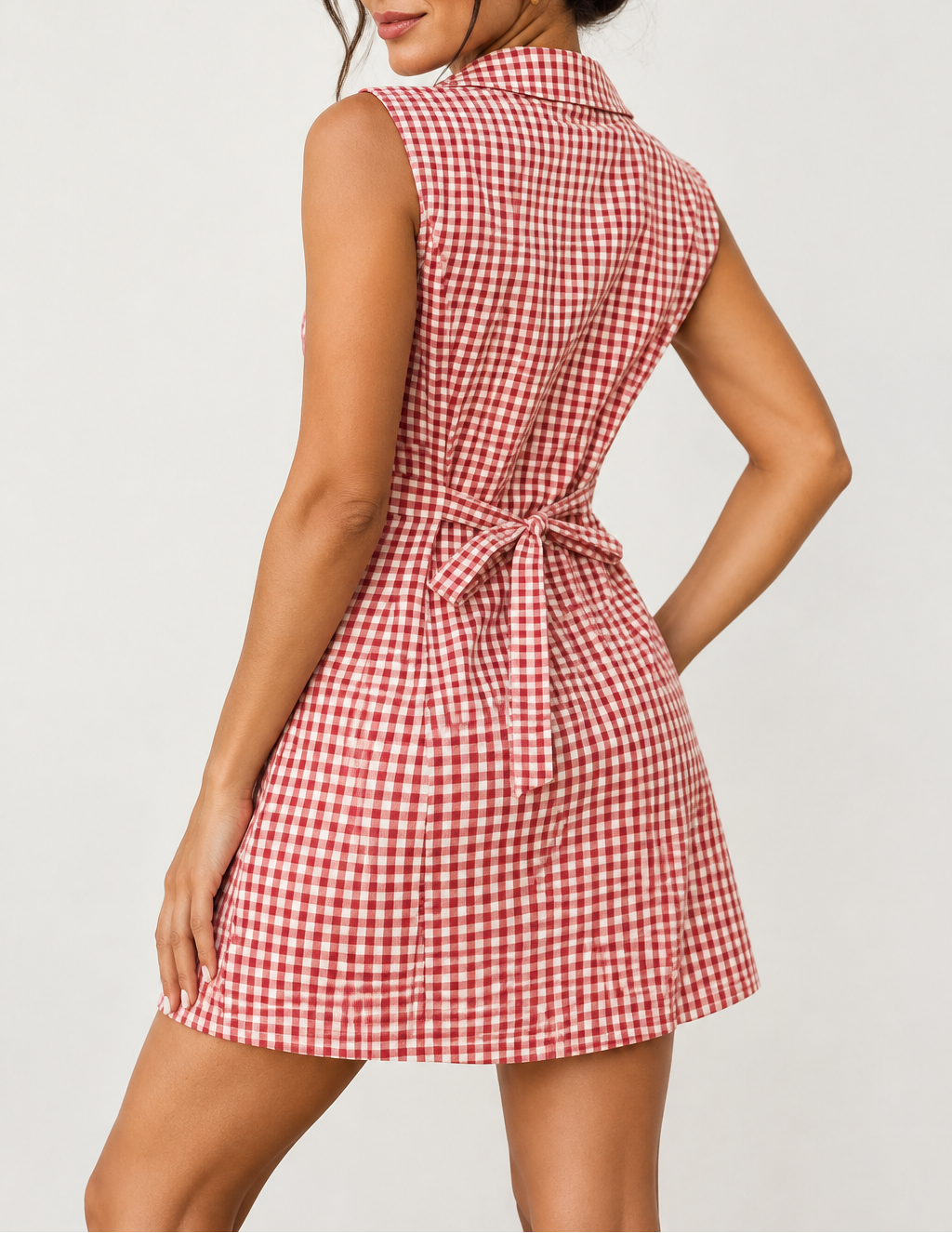 Women's Gingham Lace-Up Mini Dress — Button Front
