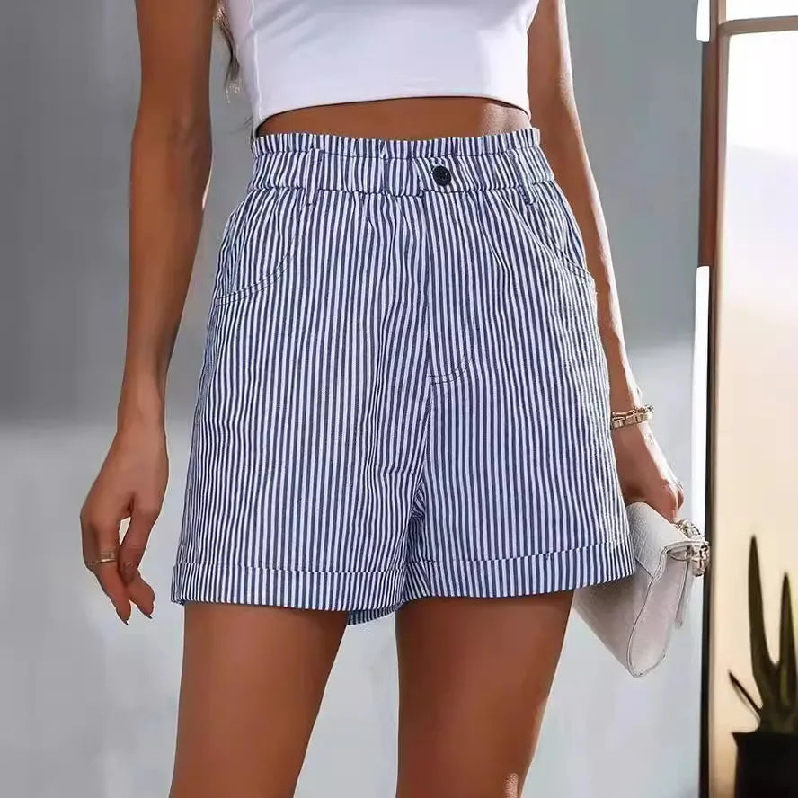 Women's Striped Shorts — Elastic Waist Pockets