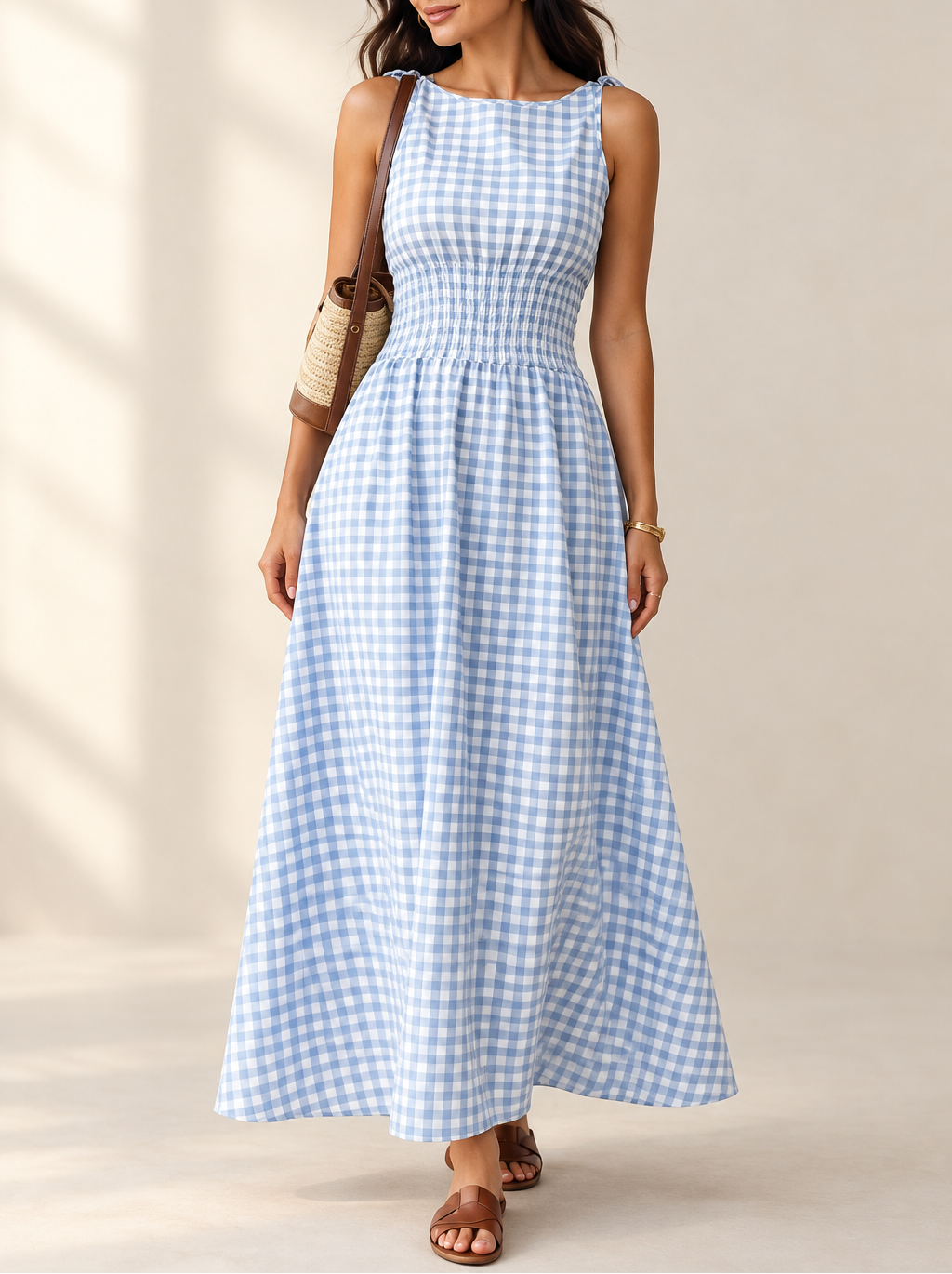 Women's Gingham Maxi Dress — Drawstring Waist