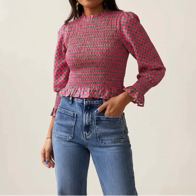 Women's Gingham Peplum Top — Puff Long Sleeve