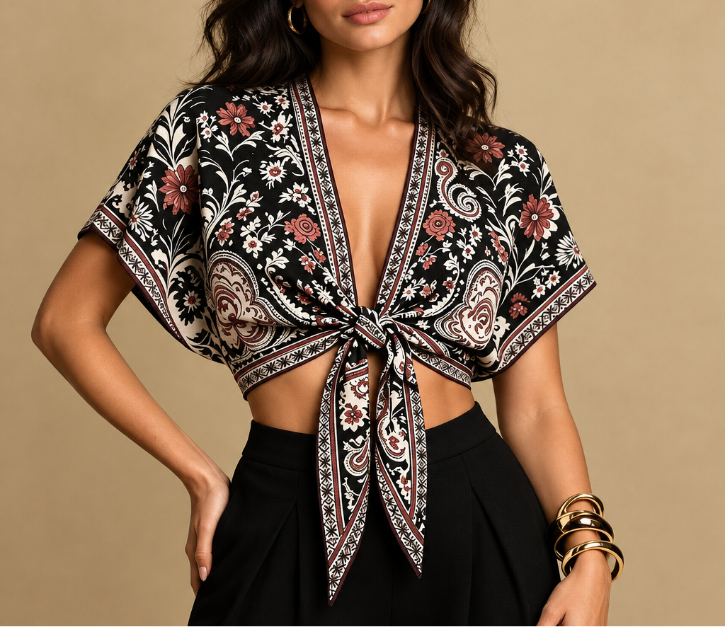 Women's Tropical Print Tie Front Crop Blouse
