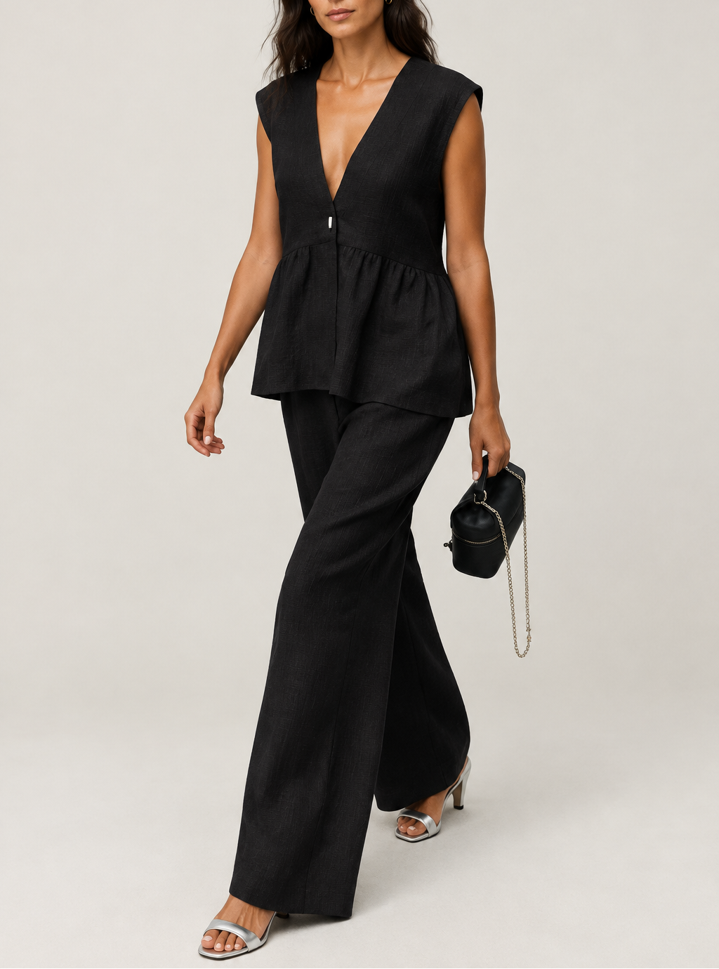 Women's Linen V-Neck Vest & Wide Leg Trouser Set