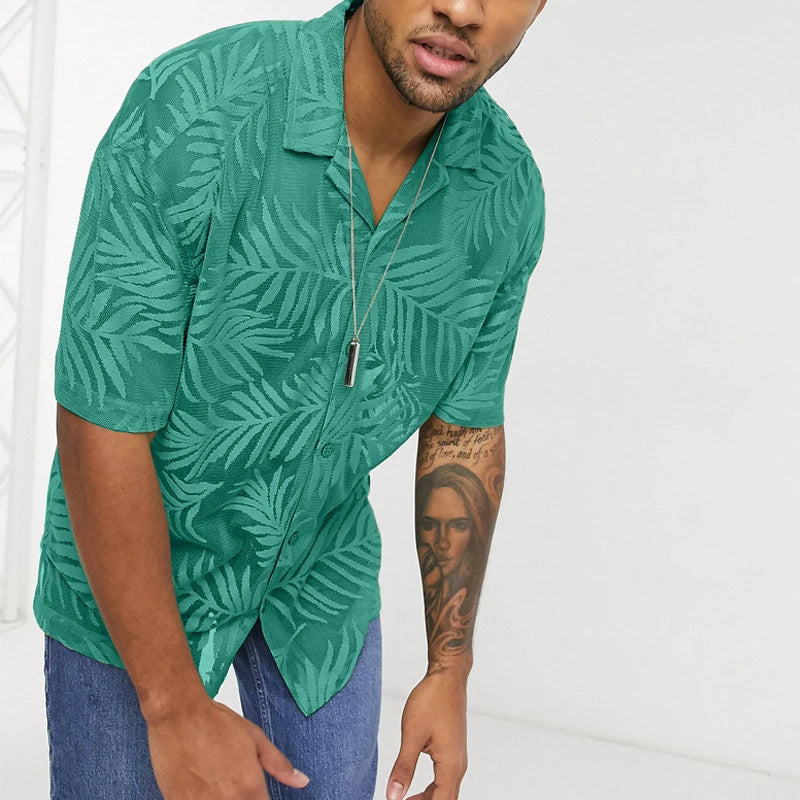 Men's Leaf Print Open-Knit Shirt — Short Sleeve