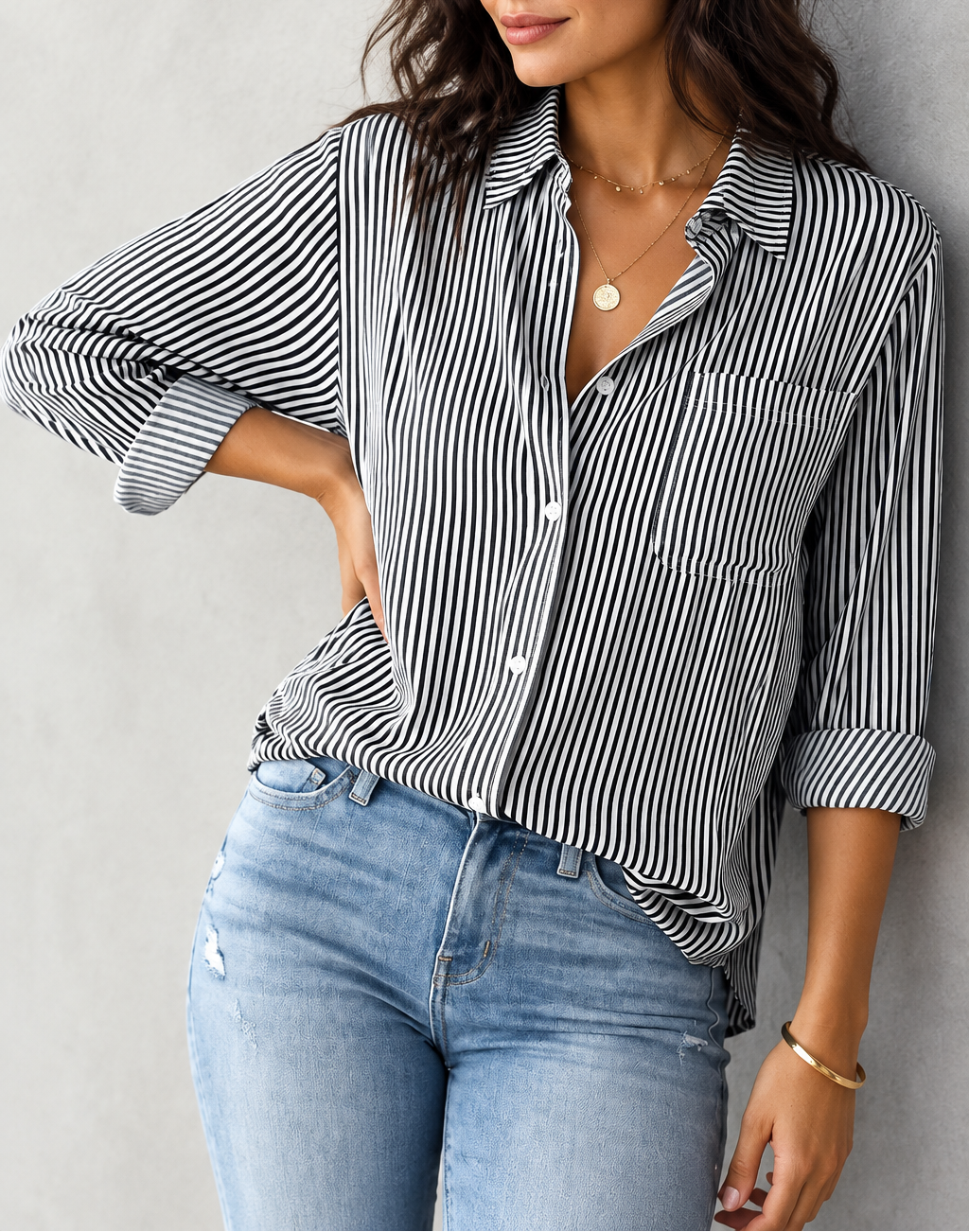 Women's Striped Shirt — Long Sleeve Lapel
