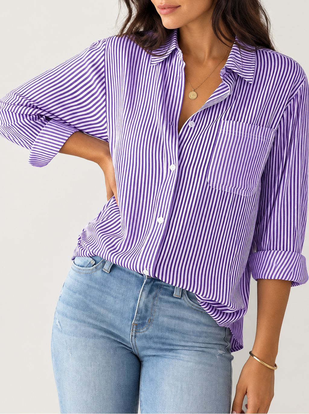 Women's Striped Shirt — Long Sleeve Lapel