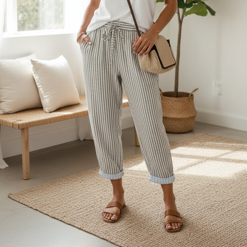 Women's Striped Drawstring Trousers — Loose Fit