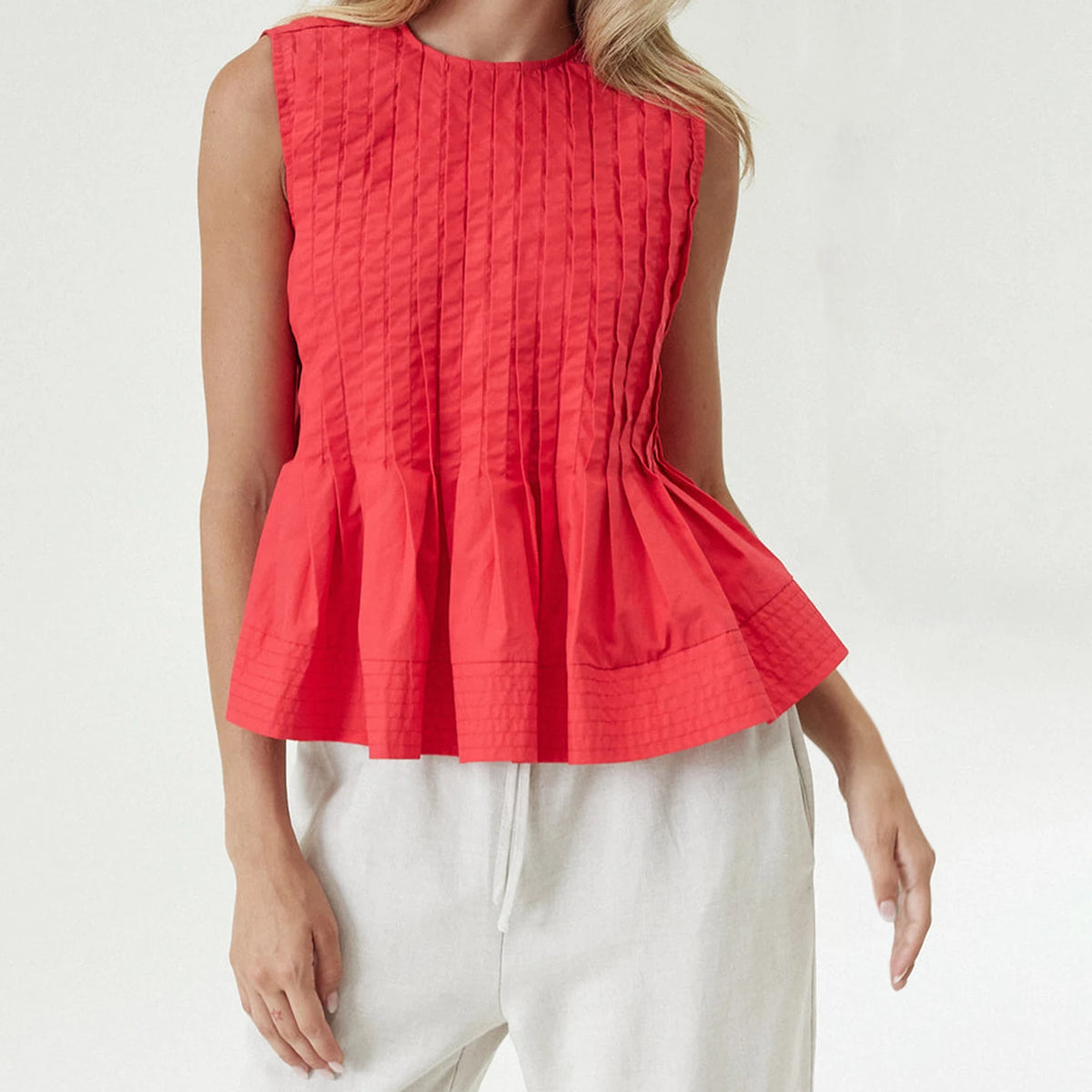 Women's Pleated Ruffle Hem Tank Top — Round Neck