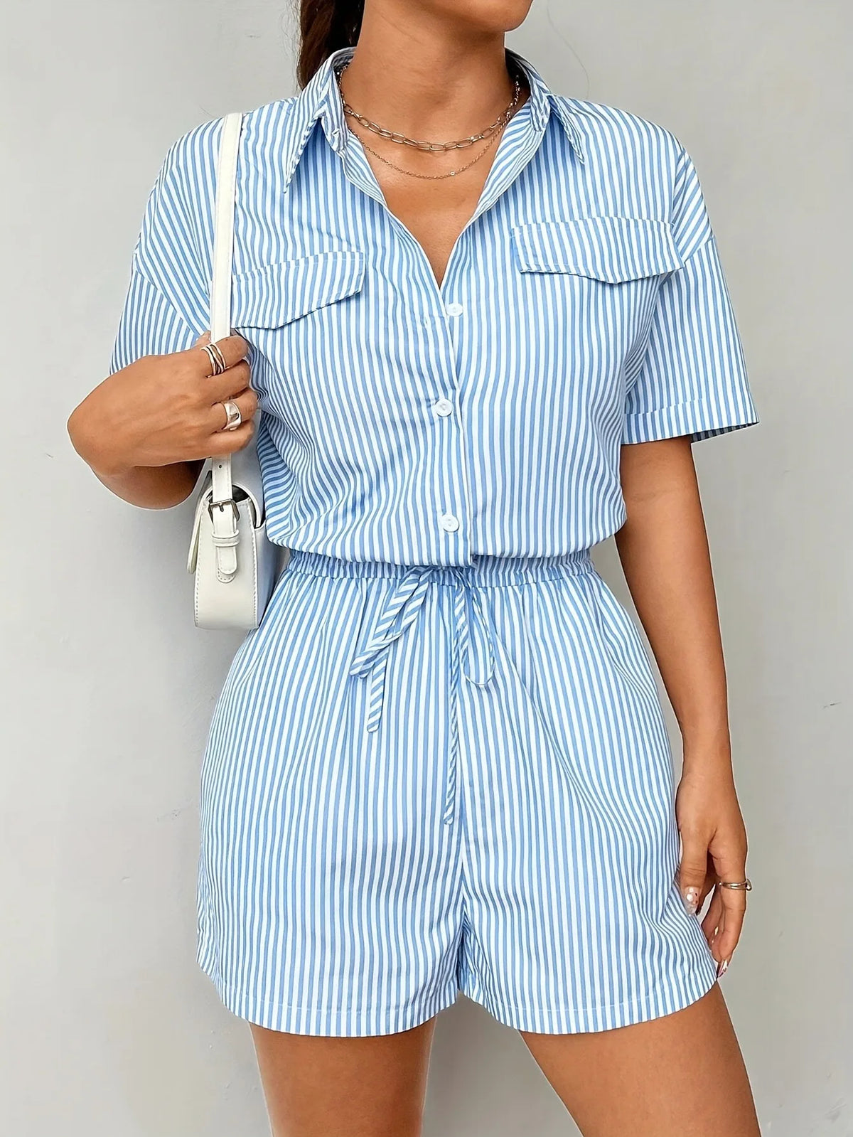 Women's Striped V-Neck Jumpsuit — Tie Waist